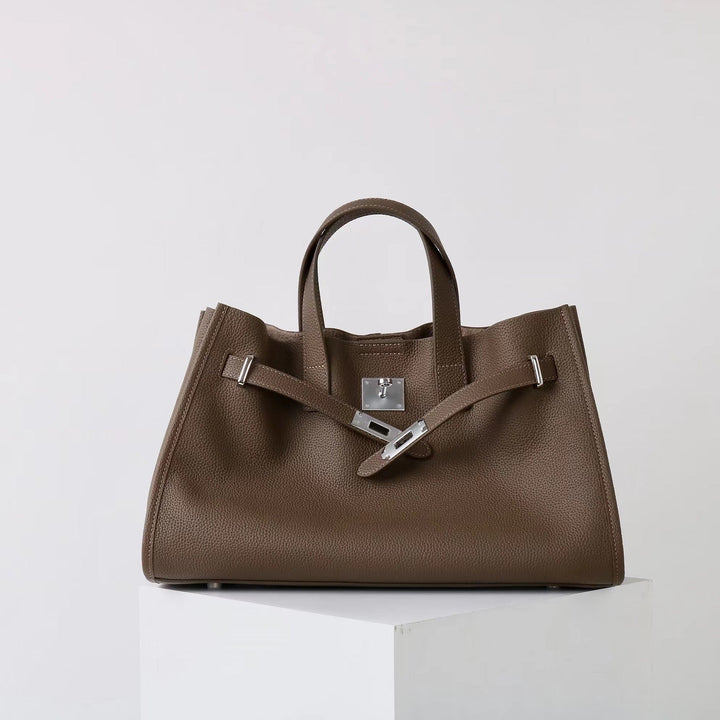 Coffee brown leather work tote, front view