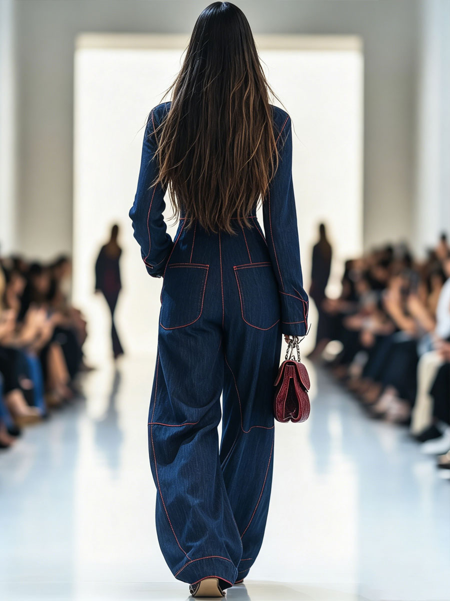 Denim jumpsuit back view with patch pockets and red stitching