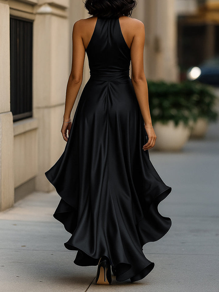 Lucienne satin halter ruffle gown full-length view