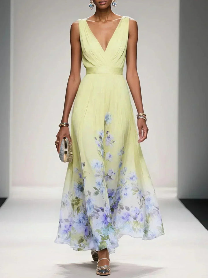 Genevieve floral chiffon wedding guest maxi dress in Yellow, front view