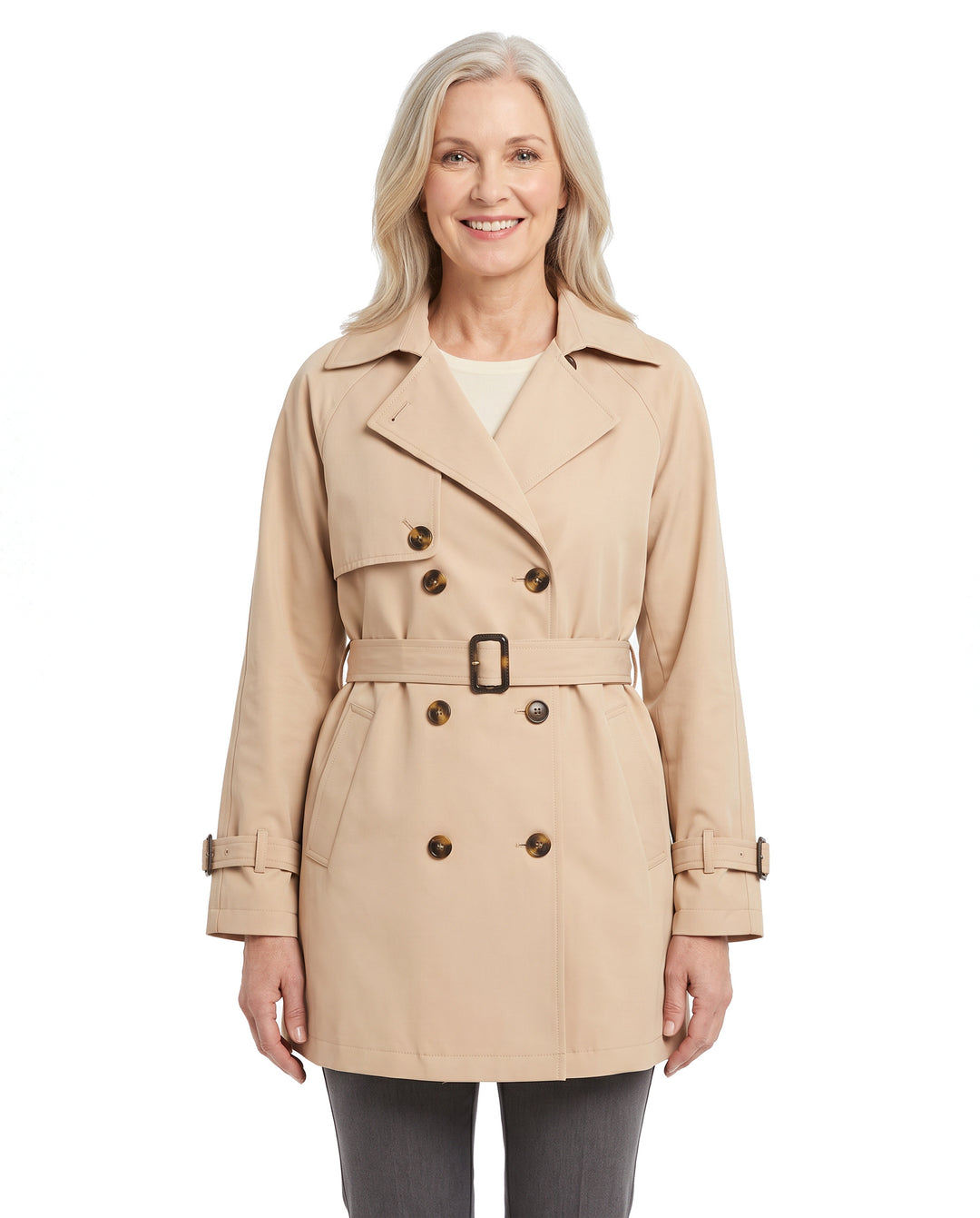 Woman wearing the khaki beige belted trench coat, front standing pose