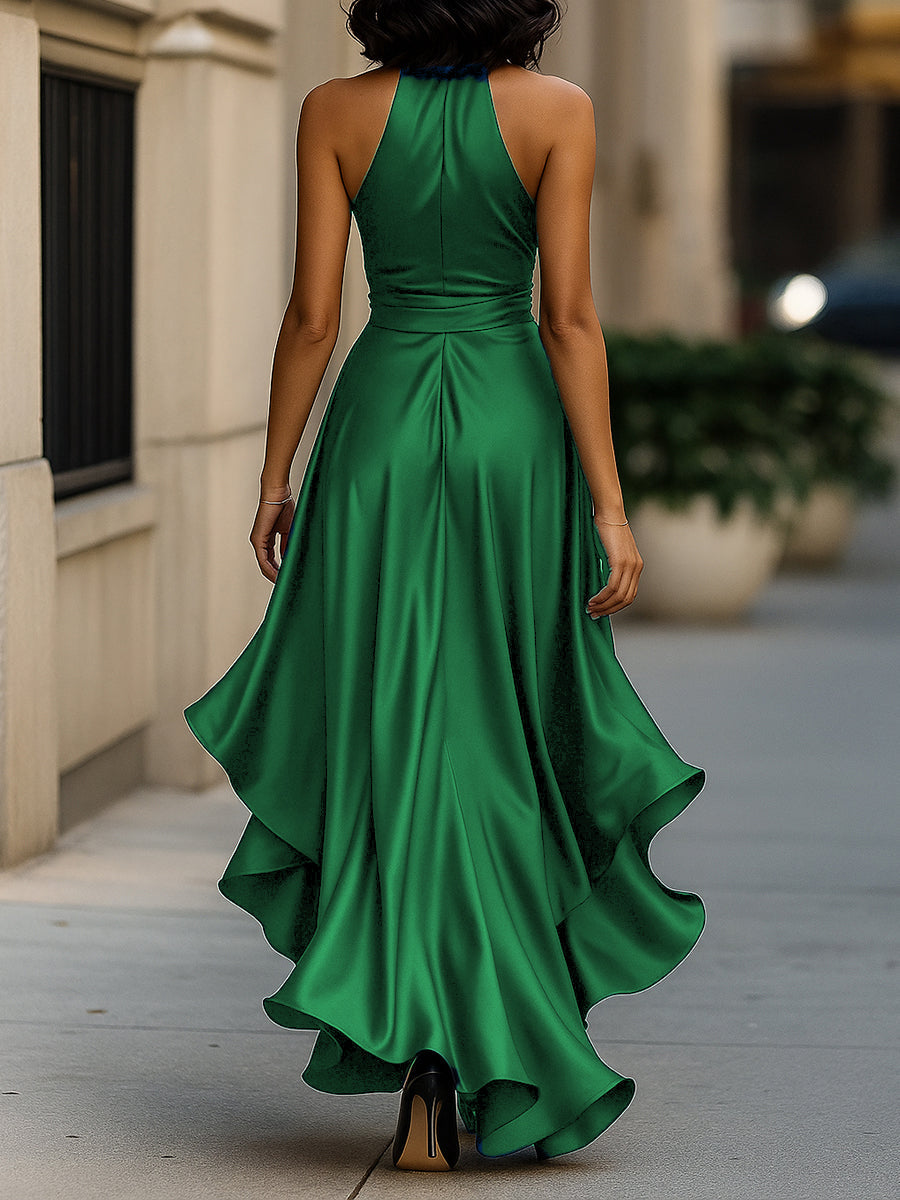 Lucienne satin halter ruffle gown movement view