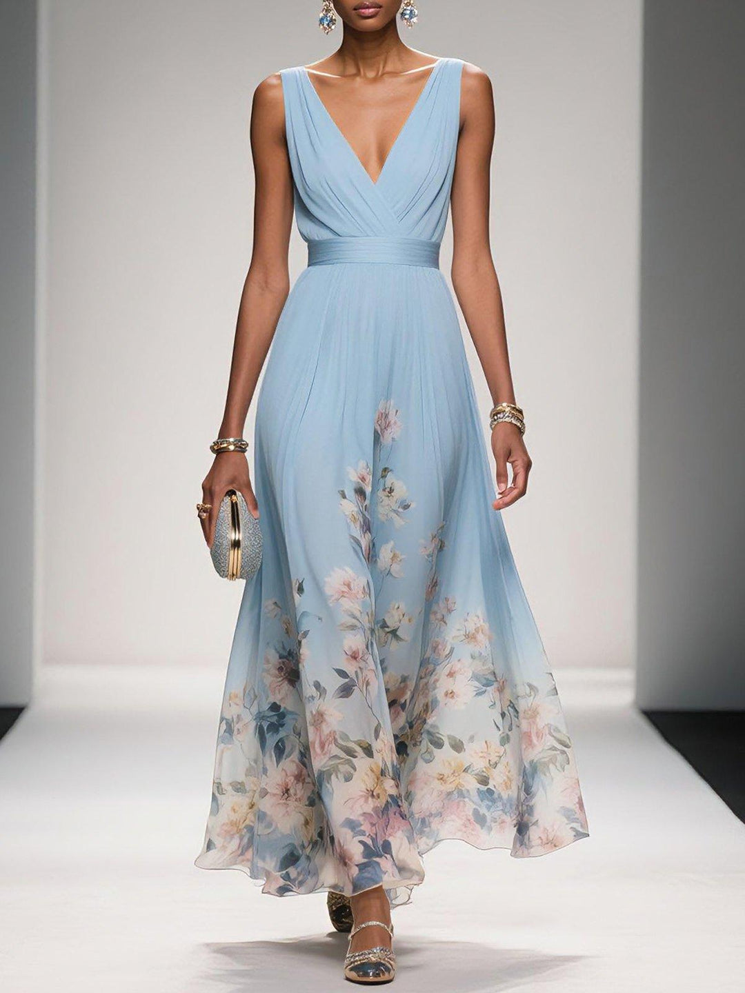 Genevieve floral chiffon wedding guest maxi dress in Light Blue, front view