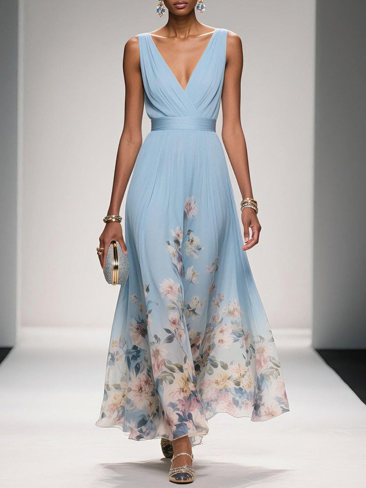 Genevieve floral chiffon wedding guest maxi dress in Light Blue, front view