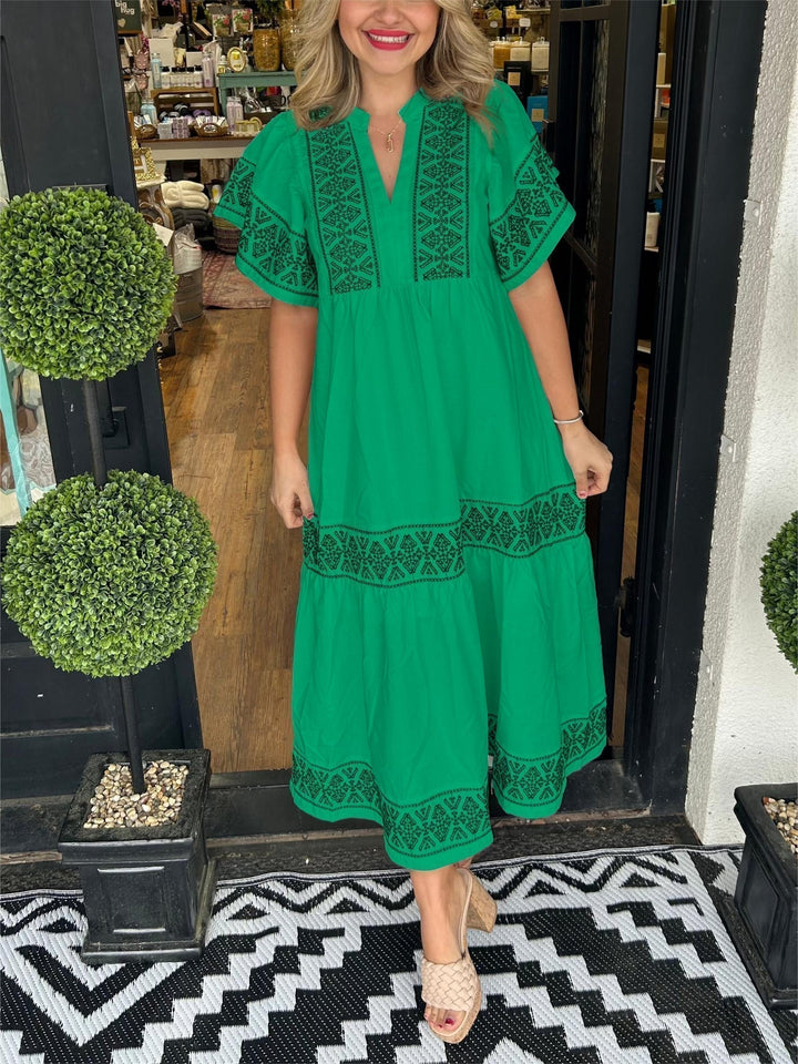Rachel | Boho V Neck Midi Dress