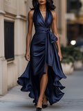 Lucienne | Women's Satin Halter High-Low Ruffle Gown
