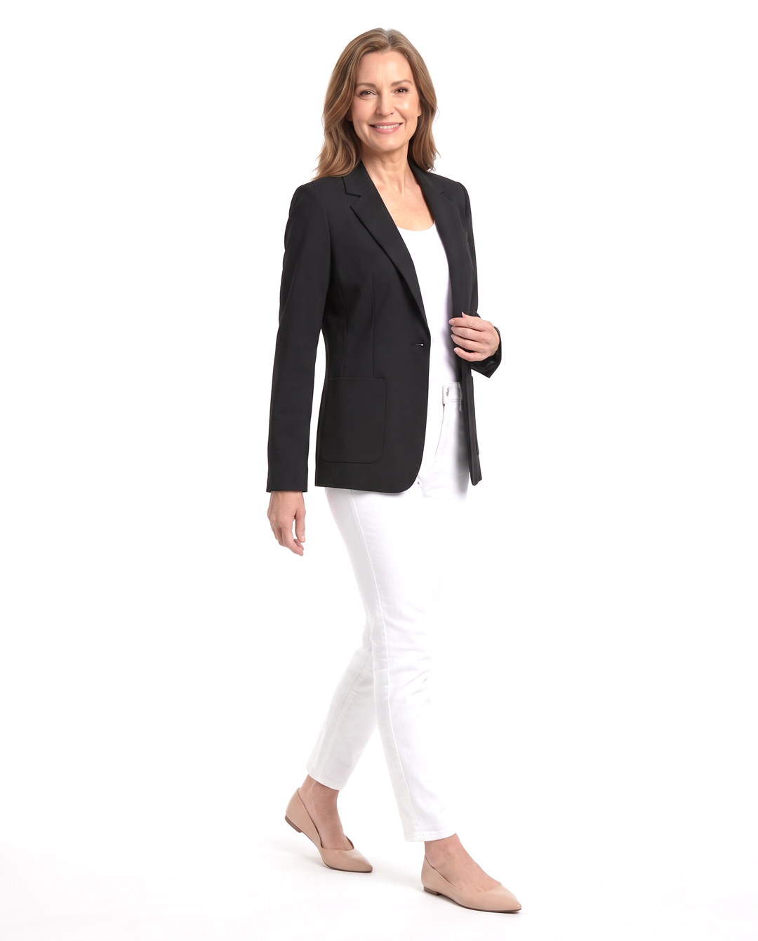 Woman walking in the Bettina black one-button blazer