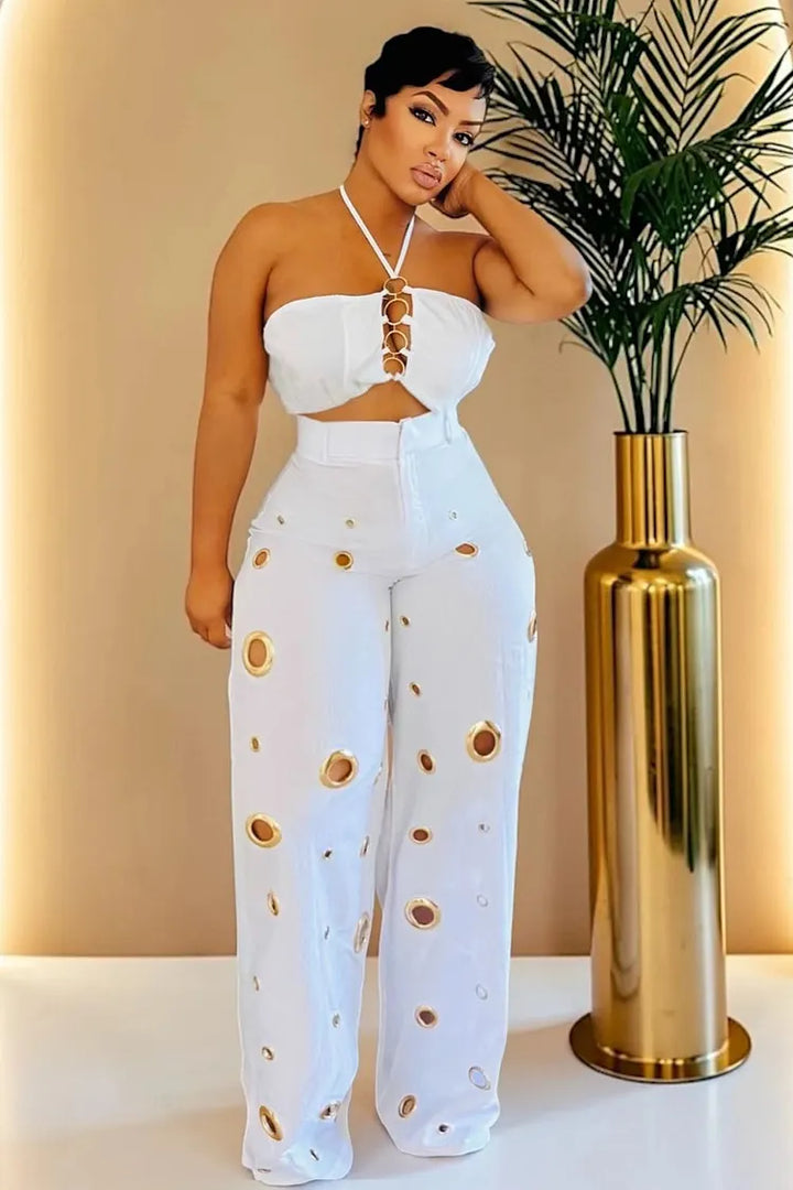 Halter Crop Top High Waist Hollow Pants Casual 2pcs Set-Yellow [Pre Order]
