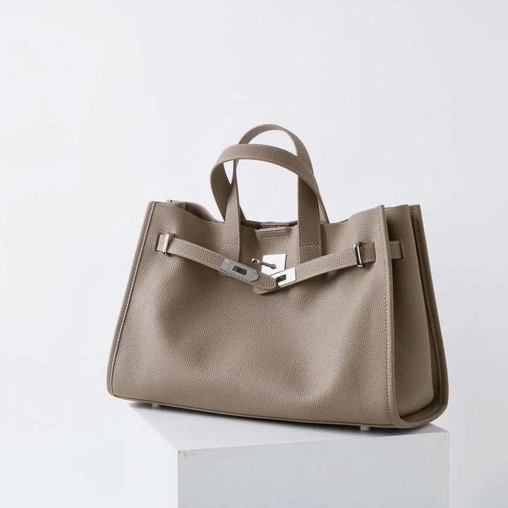 Grey leather work tote, front view