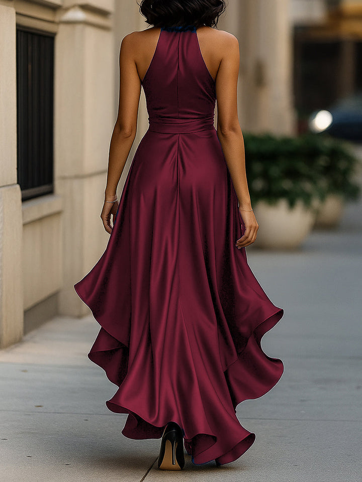 Lucienne satin halter ruffle gown high-low hem detail
