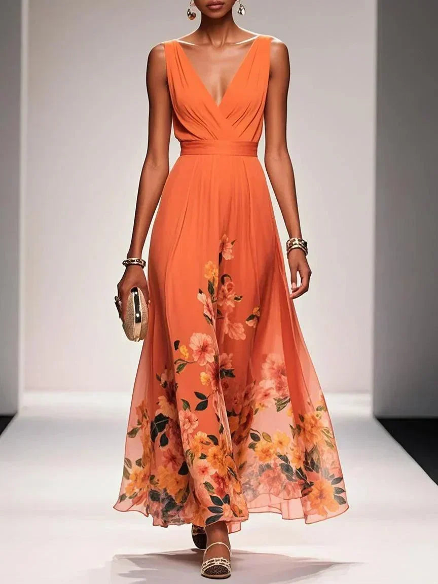 Genevieve floral chiffon wedding guest maxi dress in Orange, front view