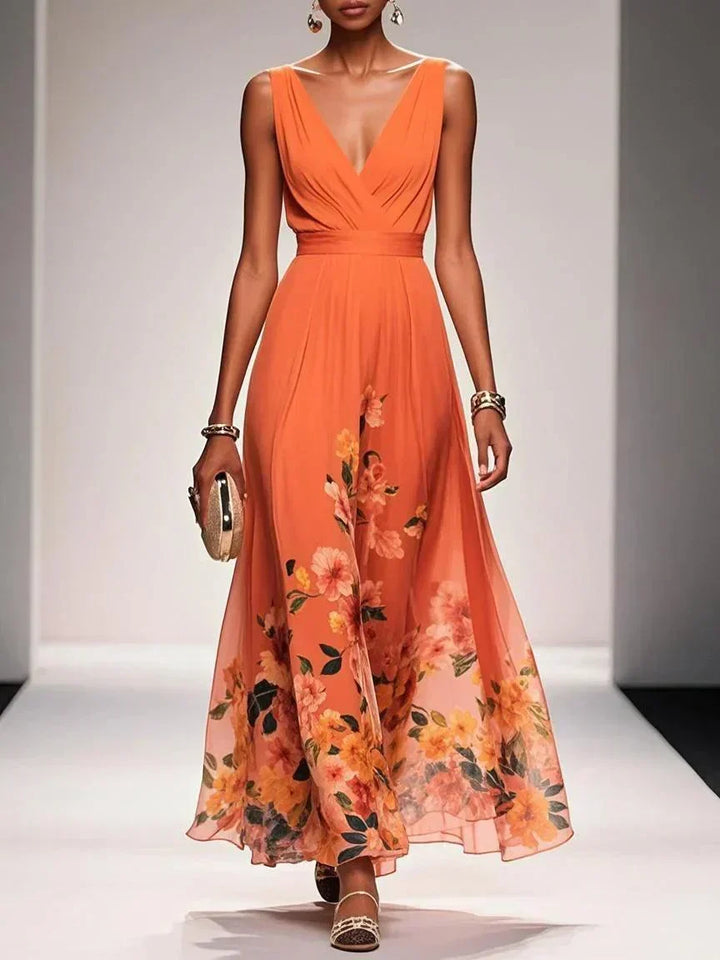 Genevieve floral chiffon wedding guest maxi dress in Orange, front view