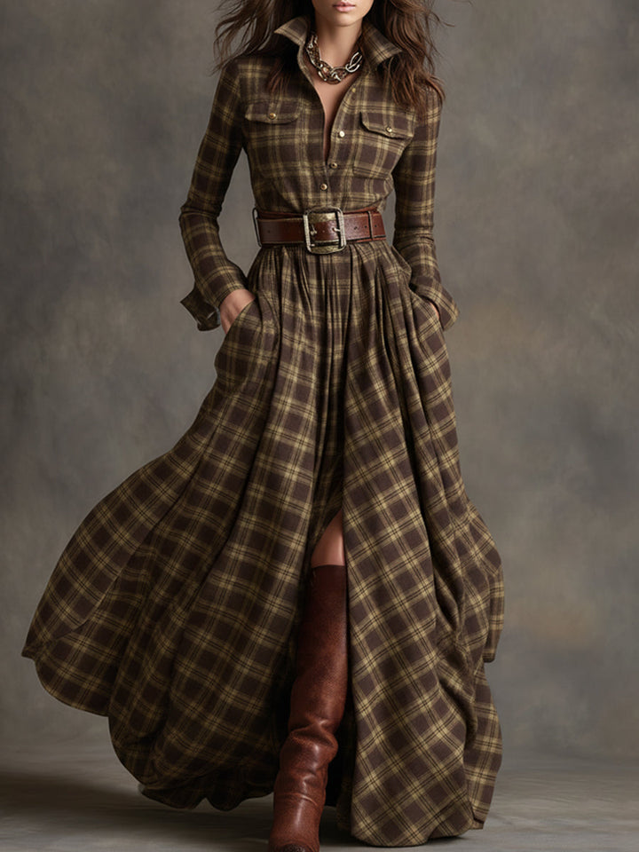 Fiona plaid belted maxi shirt dress in Brown