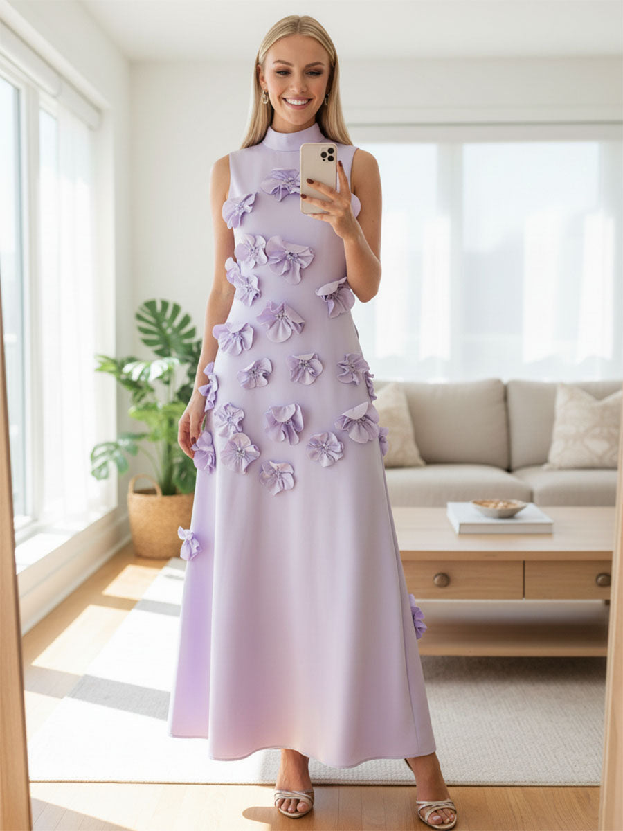 Genevieve 3D floral high-neck evening gown in lavender, styled front view