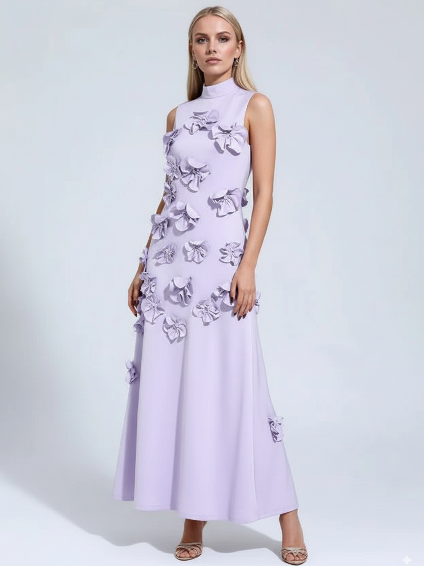Genevieve 3D floral high-neck A-line evening gown in lavender, front view