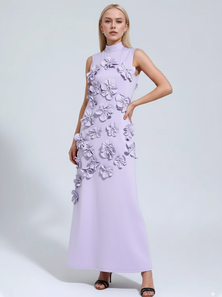 Genevieve floral A-line gown in lavender, studio front