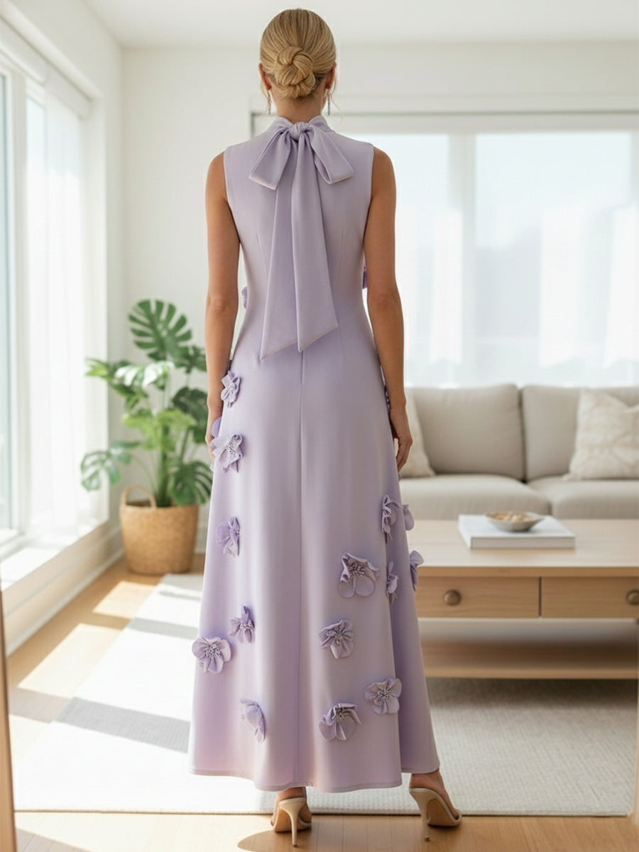 Genevieve floral gown in lavender, back view with bow detail