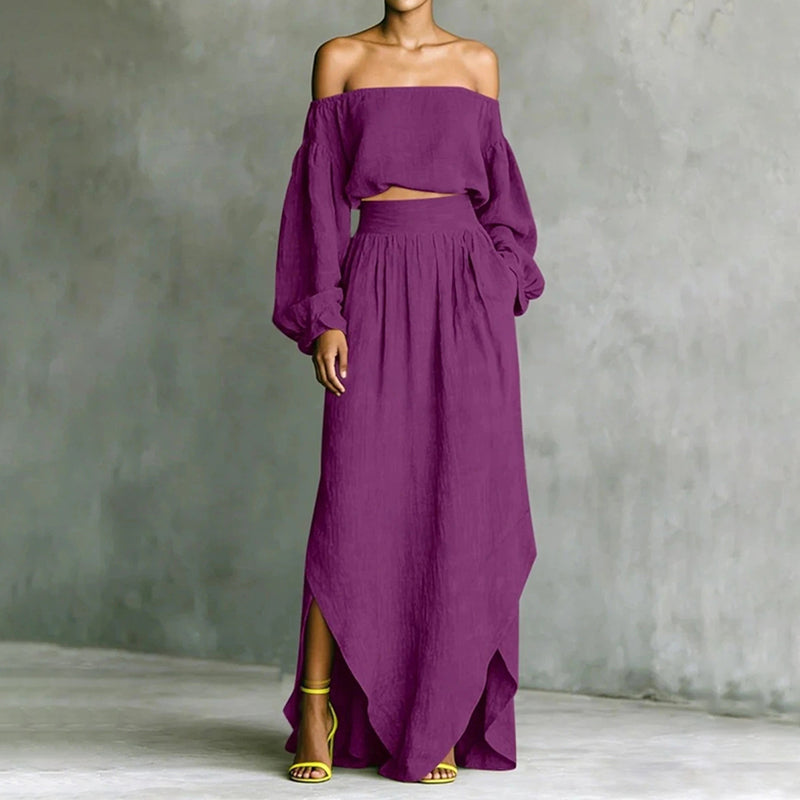 Solid-color Off-shoulder Top And Asymmetrical Skirt Two-piece Set