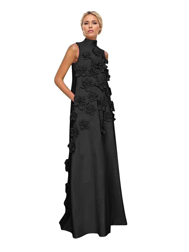 Genevieve 3D floral A-line evening gown in black