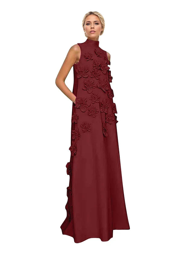 Genevieve 3D floral A-line evening gown in burgundy