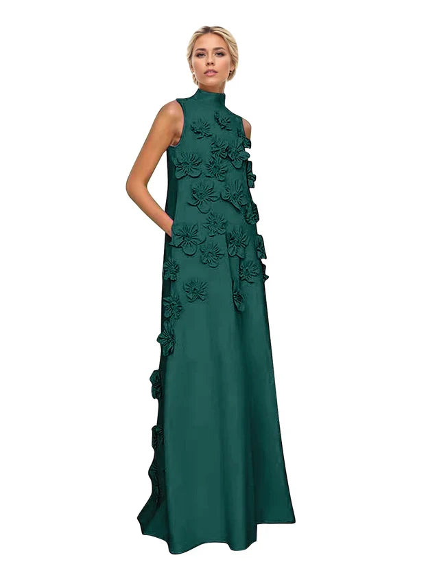 Genevieve 3D floral A-line evening gown in emerald green