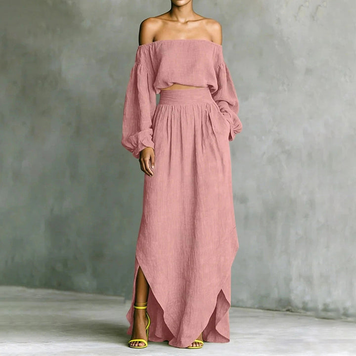 Solid-color Off-shoulder Top And Asymmetrical Skirt Two-piece Set