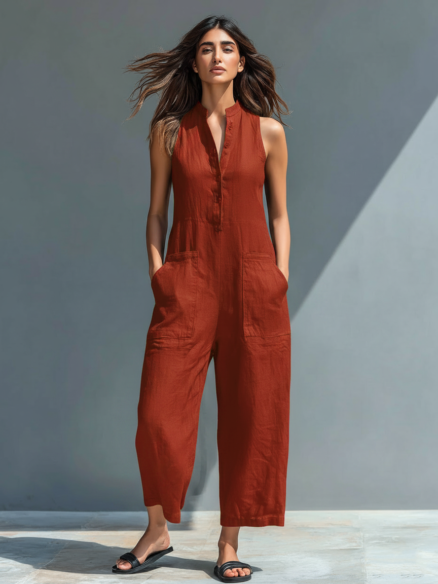 Colette linen-blend jumpsuit in rust red, front view