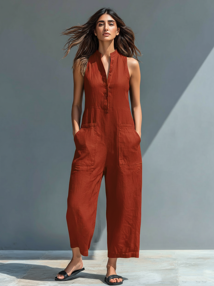 Colette linen-blend jumpsuit in rust red, front view