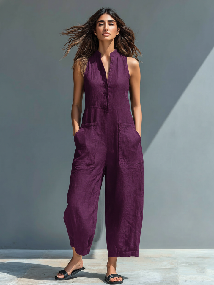 Colette linen-blend jumpsuit in purple, front view