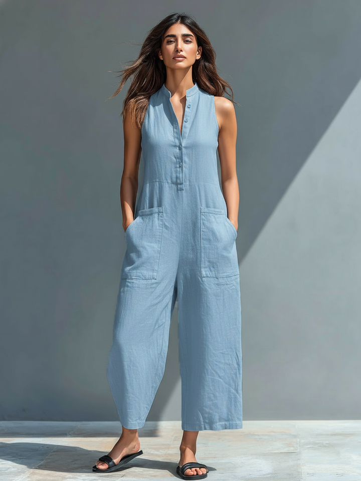 Colette linen-blend jumpsuit in blue, front view