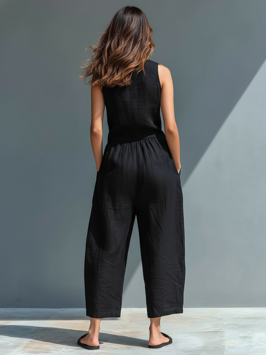 Colette linen-blend jumpsuit in black, back view