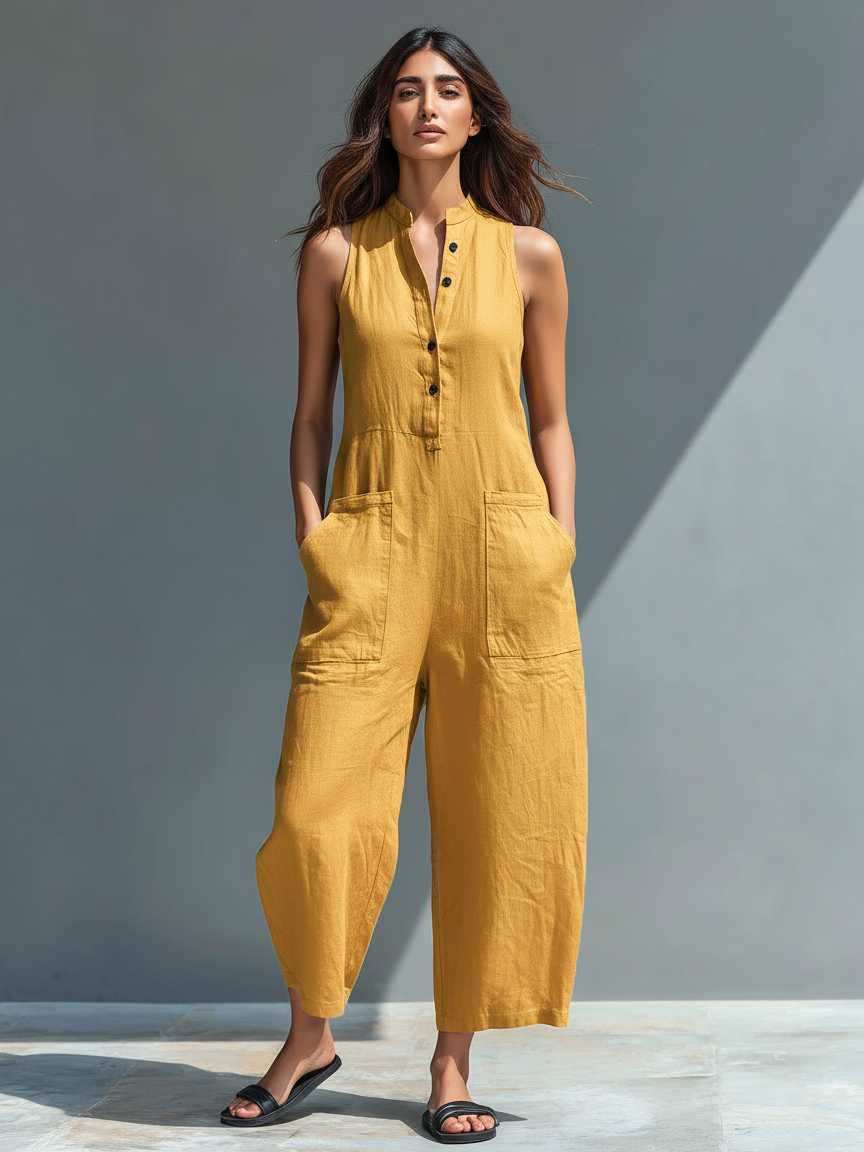 Colette linen-blend jumpsuit in yellow, front view
