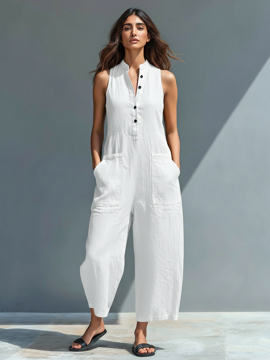 Colette linen-blend jumpsuit in white, front view