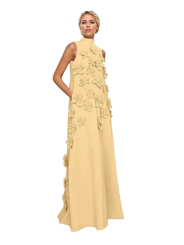 Genevieve 3D floral A-line evening gown in gold