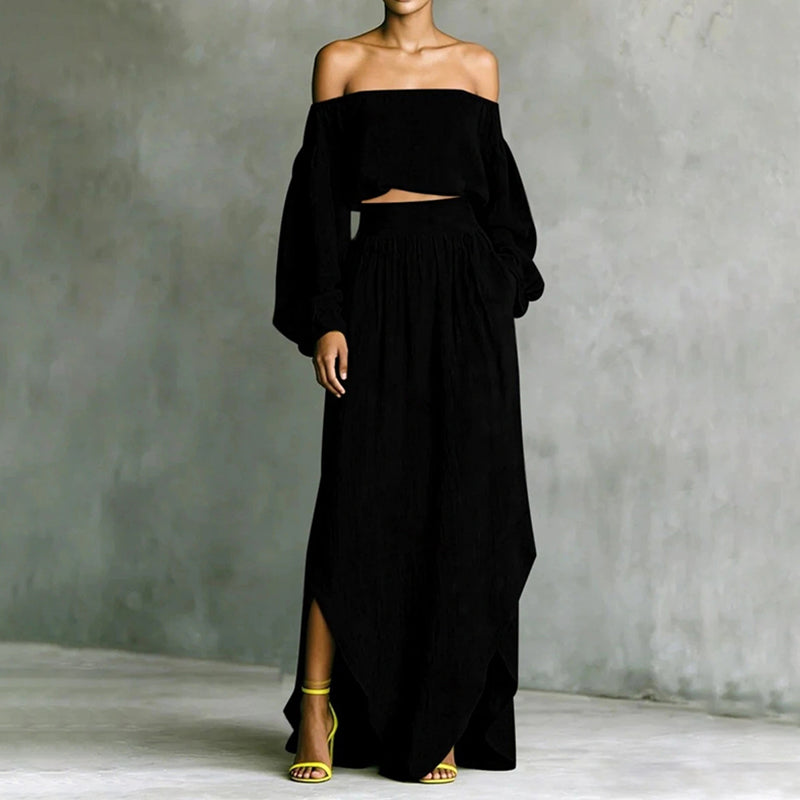 Solid-color Off-shoulder Top And Asymmetrical Skirt Two-piece Set