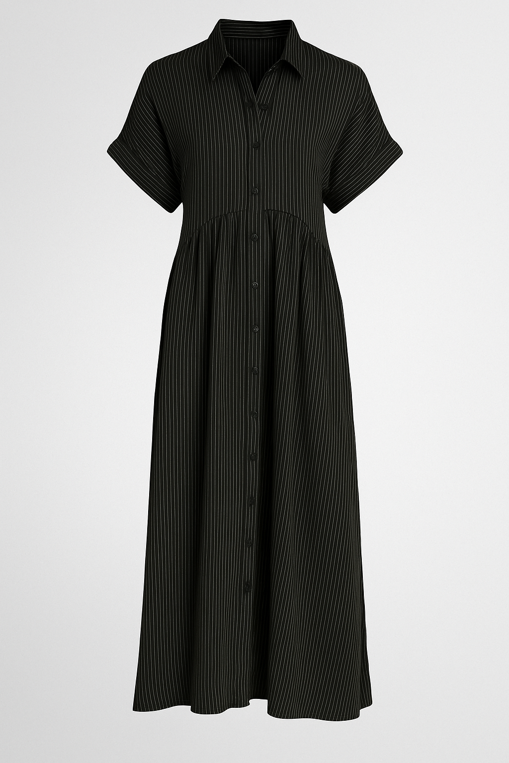 Black pinstripe shirt midi dress with pockets