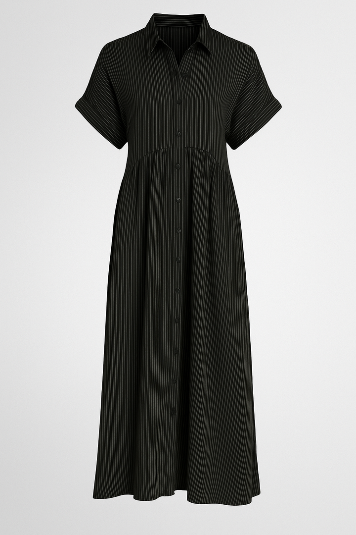 Black pinstripe shirt midi dress with pockets