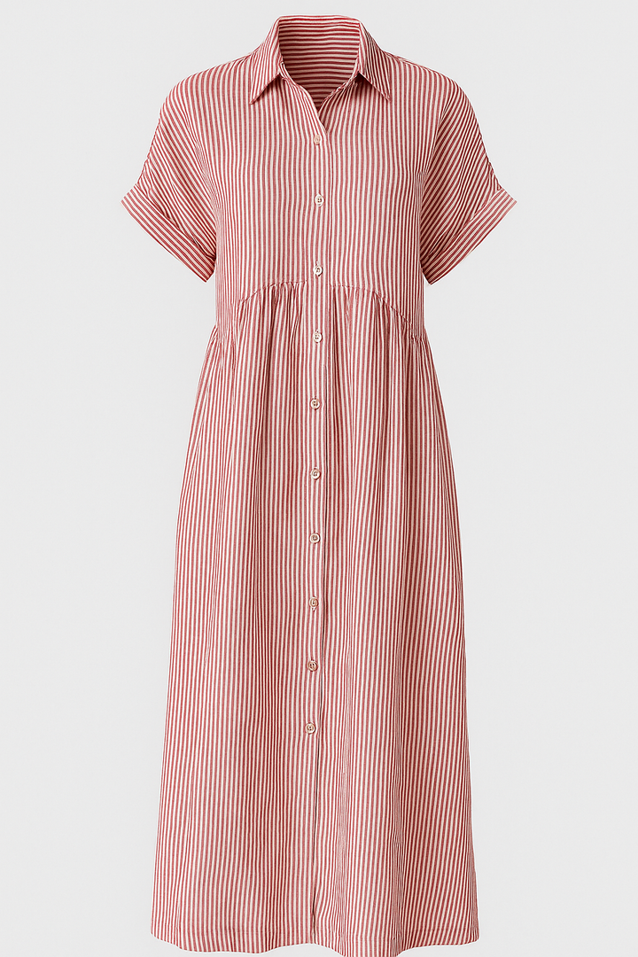 Red striped shirt midi dress with pockets