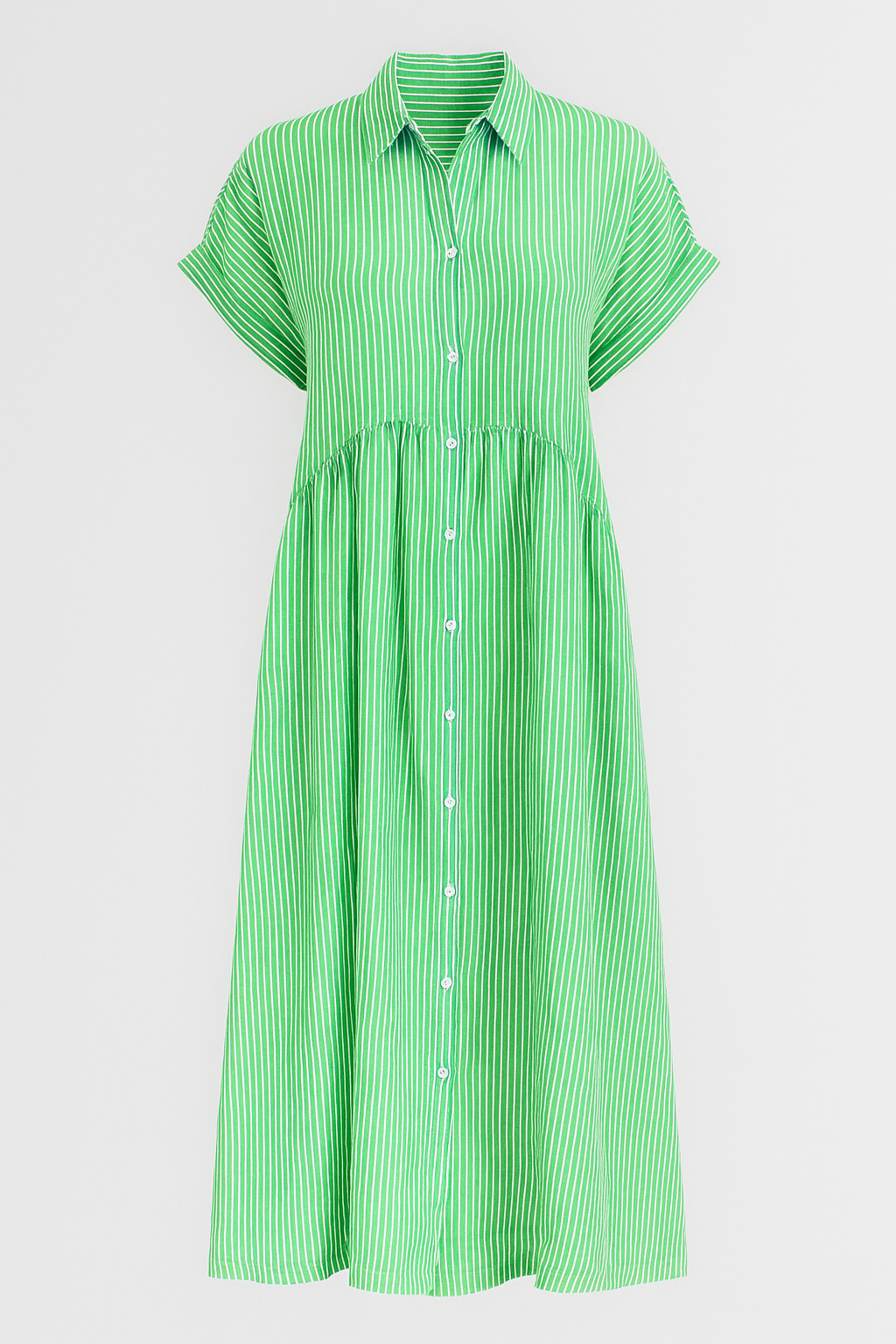 Green striped shirt midi dress with pockets