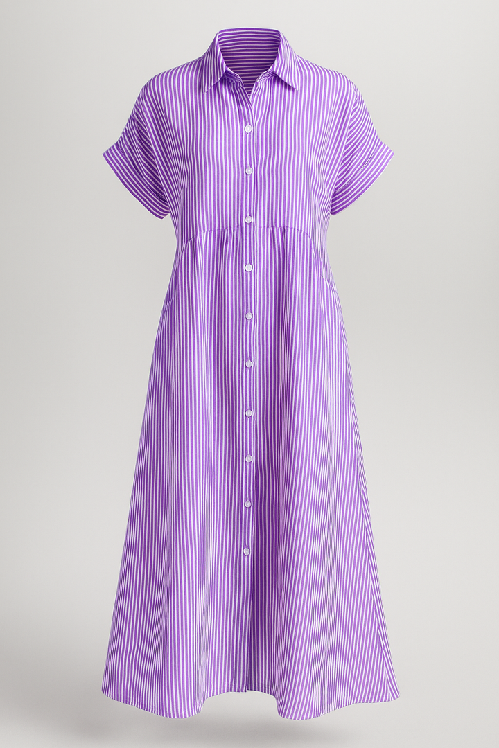Purple striped shirt midi dress with pockets