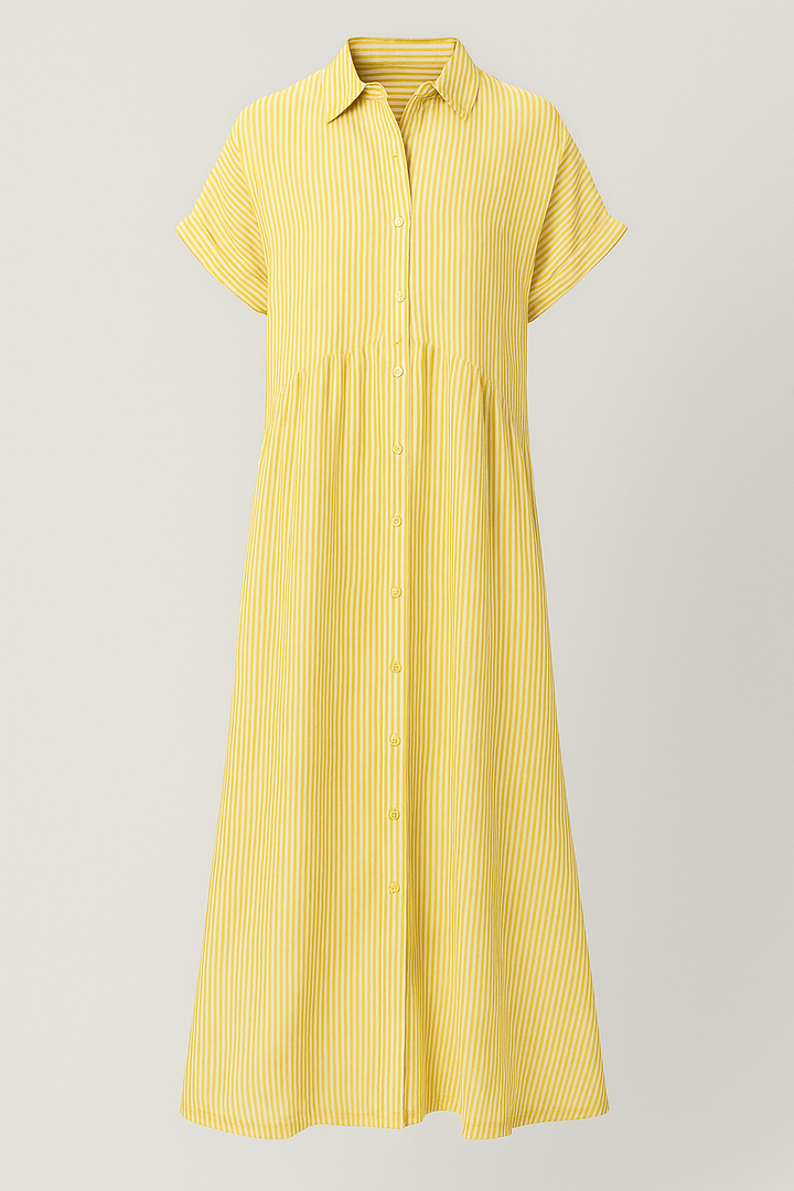 Yellow striped shirt midi dress with pockets