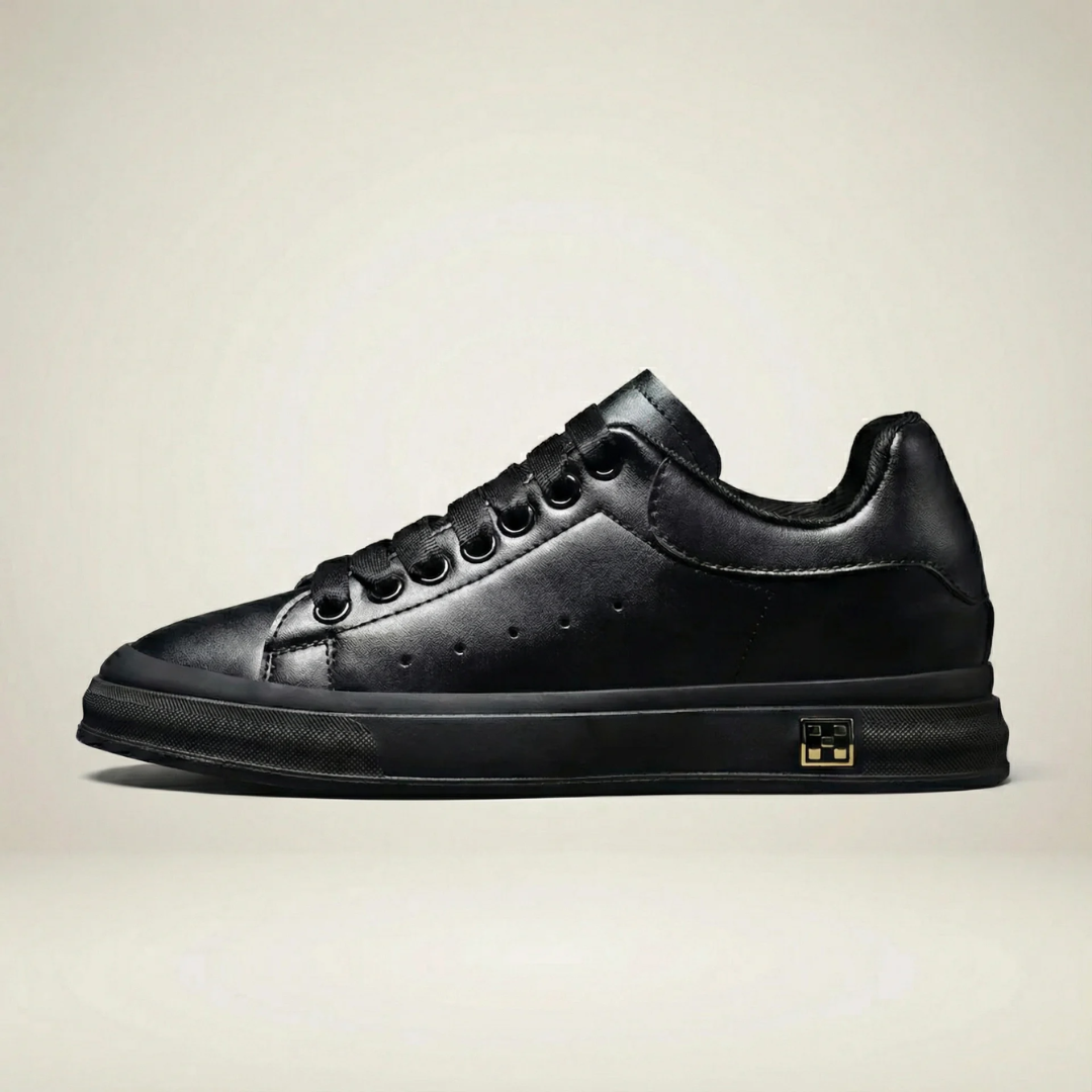 Black hidden lift low-top leather sneaker, side profile