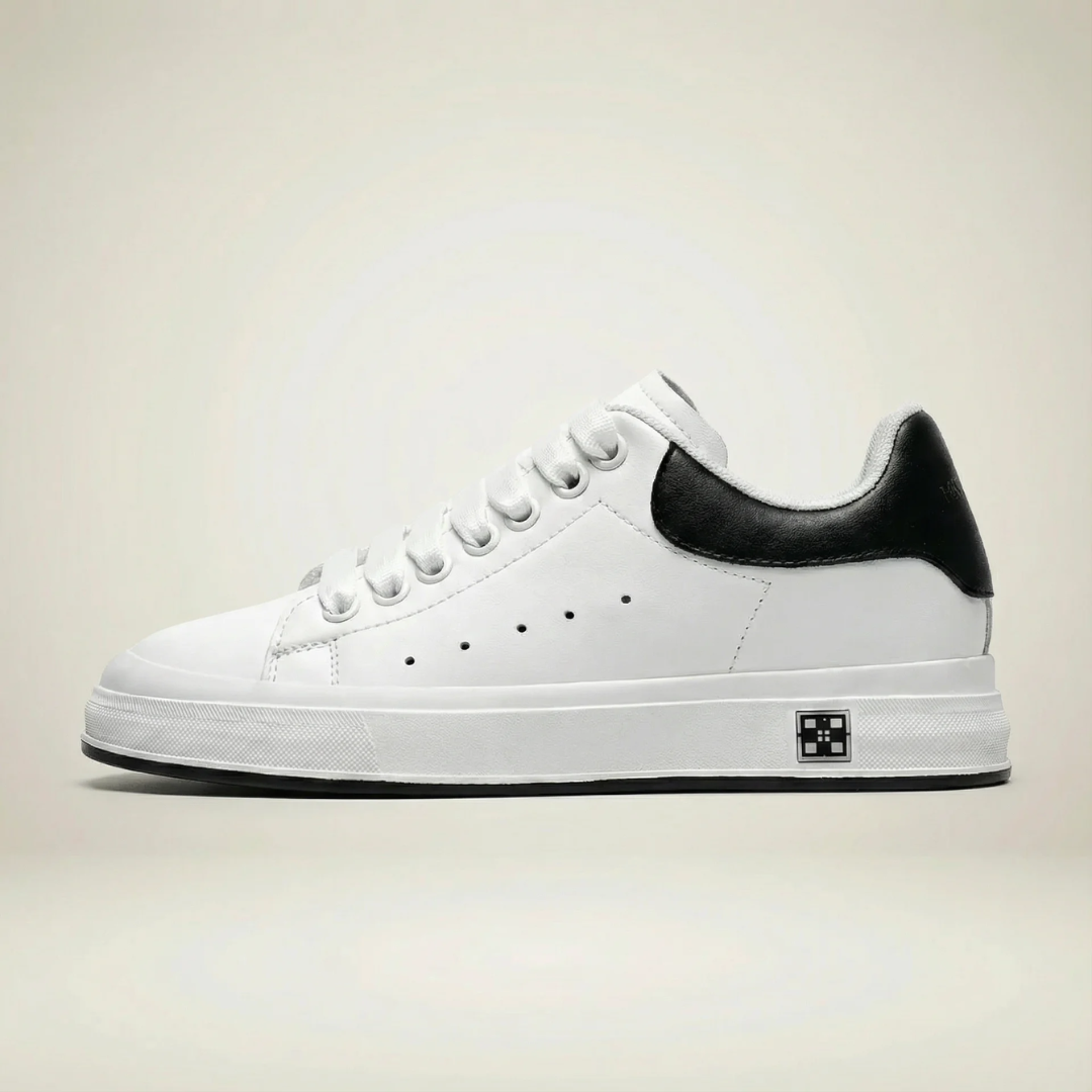 White hidden lift low-top leather sneaker, side profile