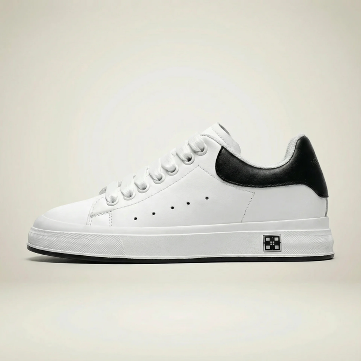 White hidden lift low-top leather sneaker, side profile