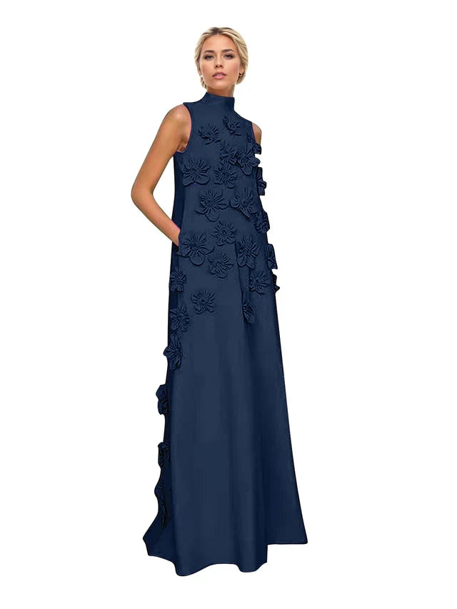 Genevieve 3D floral A-line evening gown in navy blue