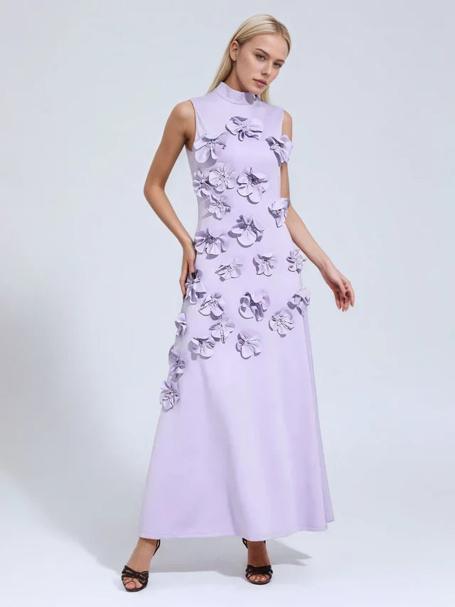 Genevieve floral A-line gown in lavender, three-quarter view