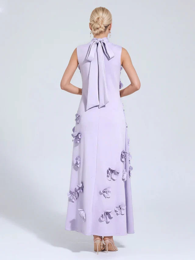 Genevieve floral gown in lavender, studio back view