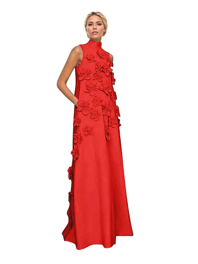 Genevieve 3D floral A-line evening gown in red