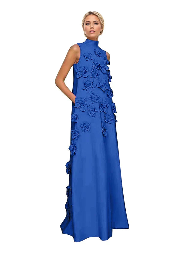 Genevieve 3D floral A-line evening gown in royal blue
