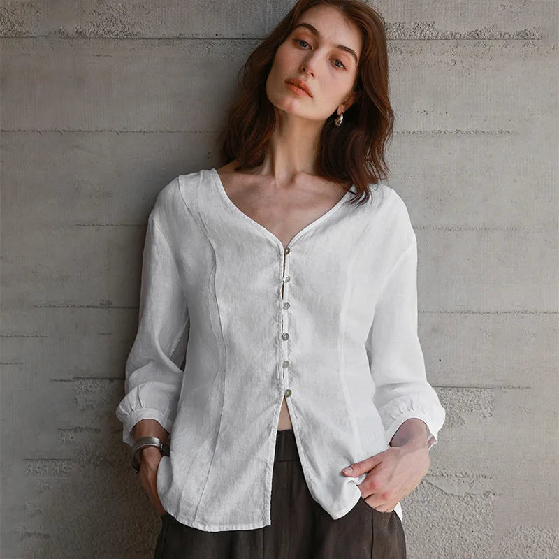 Fitted V-Neck Linen Blouse | Summer Workwear